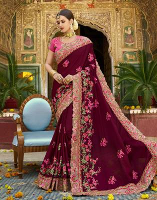 Maroon embroidered silk blend saree with blouse 2
