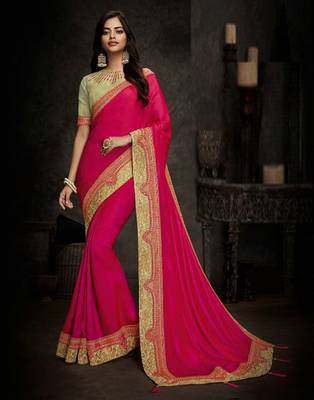 Pink embroidered silk blend saree with blouse 1
