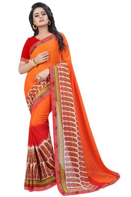 Orange printed georgette saree with blouse 1