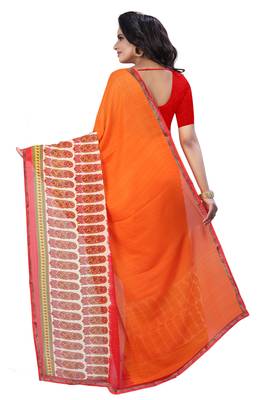 Orange printed georgette saree with blouse 2