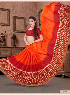Orange printed georgette saree with blouse 4