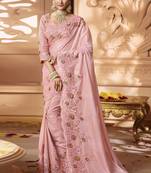Baby Pink Embroidered Silk Blend Saree With Blouse