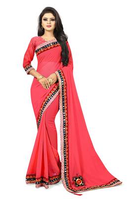 Red embroidered faux georgette saree with blouse 1