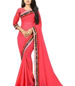 Red embroidered faux georgette saree with blouse