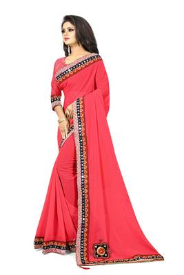 Red embroidered faux georgette saree with blouse 2