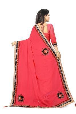 Red embroidered faux georgette saree with blouse 3