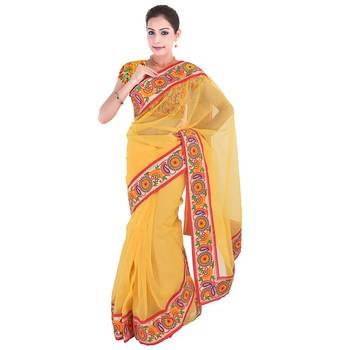 Yellow Plain Net  Saree With Blouse 1
