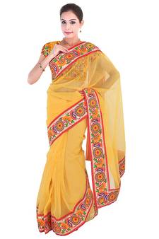 Yellow Plain Net  Saree With Blouse