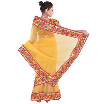 Yellow Plain Net  Saree With Blouse 2