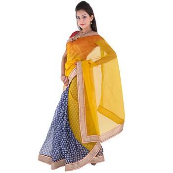 Golden Plain Net  Saree With Blouse 1