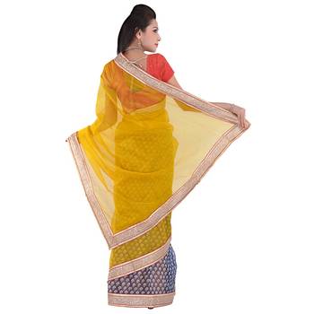 Golden Plain Net  Saree With Blouse 2