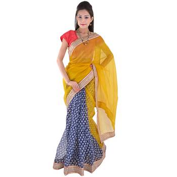 Golden Plain Net  Saree With Blouse 3