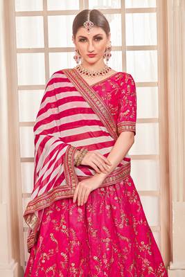 Flossy Pink Embroidered Phantom Silk Semi stitched Lehenga 3