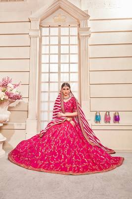 Flossy Pink Embroidered Phantom Silk Semi stitched Lehenga 4