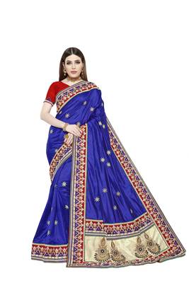 Dark royal blue embroidered art silk saree with blouse 1