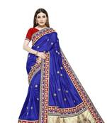 Dark royal blue embroidered art silk saree with blouse
