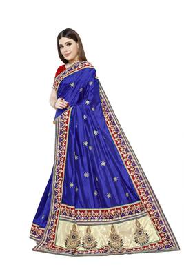 Dark royal blue embroidered art silk saree with blouse 2