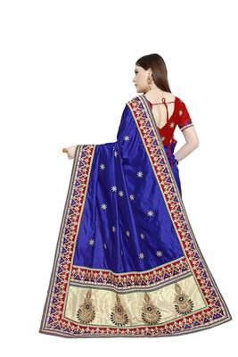 Dark royal blue embroidered art silk saree with blouse 3