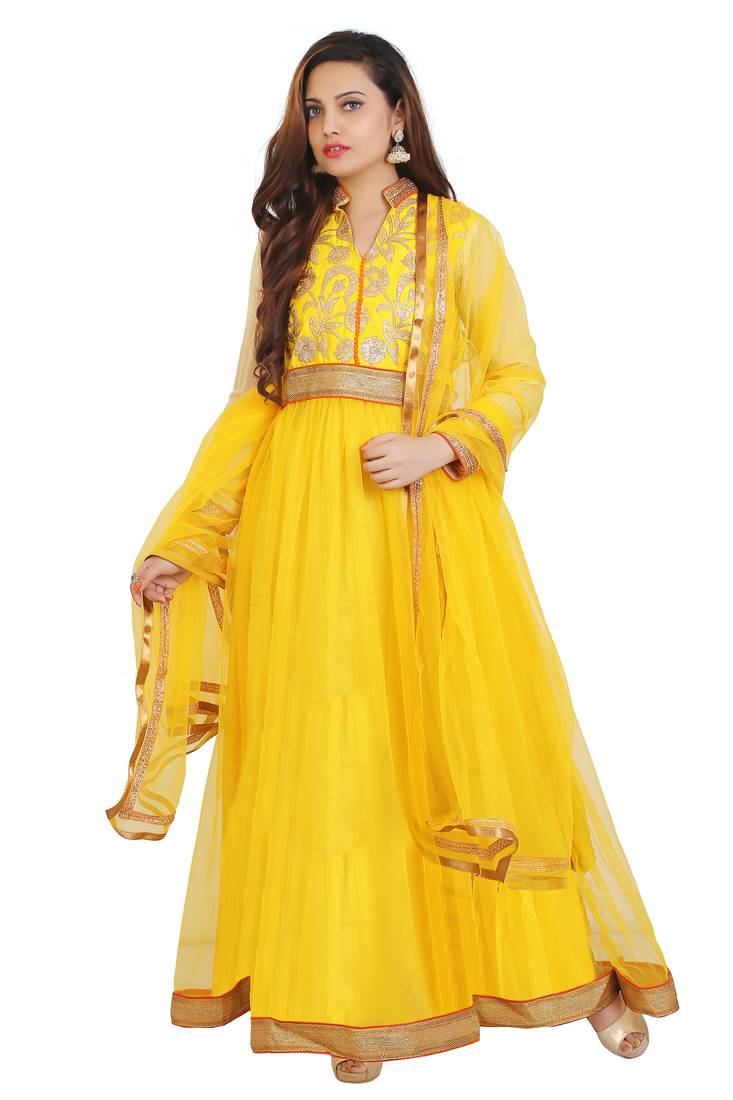 Yellow net embroidered semi stitched salwar with dupatta