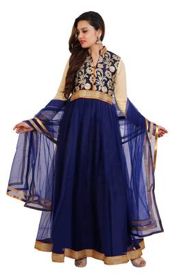 Navy blue embroidered art dupion silk salwar with dupatta 1