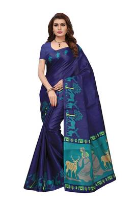 Blue printed khadi saree with blouse 1