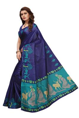 Blue printed khadi saree with blouse 3