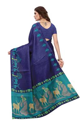 Blue printed khadi saree with blouse 4