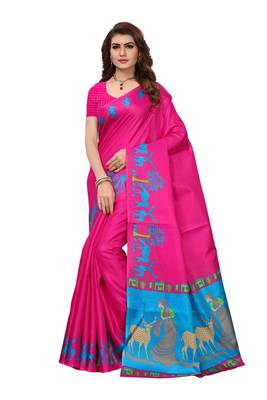 Pink printed khadi saree with blouse 1