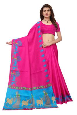 Pink printed khadi saree with blouse 2