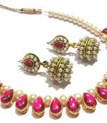 Dark Pink Kundan Pearl Gota Necklace Set
