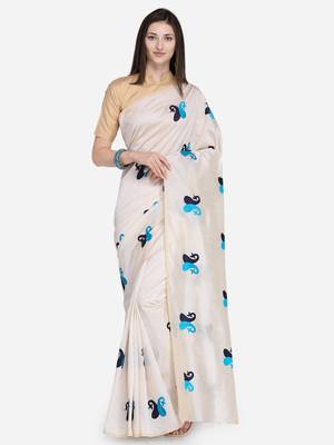 Off white embroidered silk blend saree with blouse 1