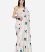 Off white embroidered silk blend saree with blouse