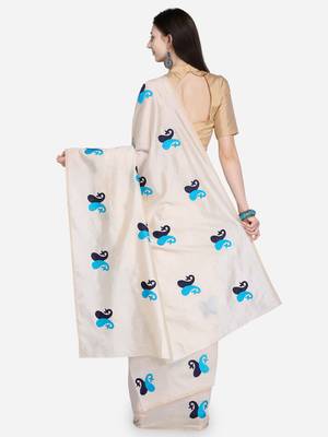 Off white embroidered silk blend saree with blouse 2
