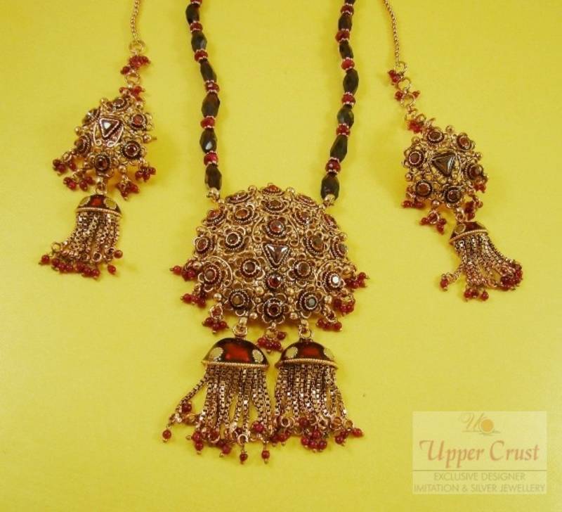Filigree Ruby Garnate Polki Pendant Necklace set