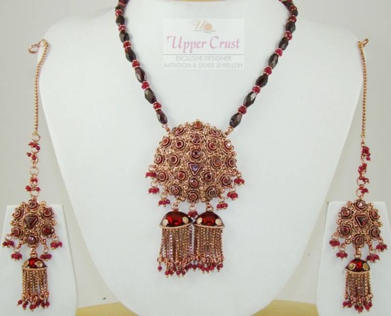 Filigree Ruby Garnate Polki Pendant Necklace set