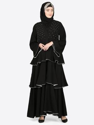 EID Black Nazneen Handwork Ruffled and Bell Layered Ramadan Party Abaya 2