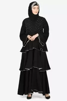 EID Black Nazneen Handwork Ruffled and Bell Layered Ramadan Party Abaya