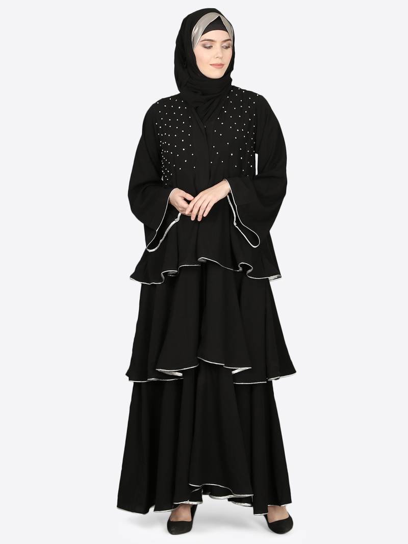 EID Black Nazneen Handwork Ruffled and Bell Layered Ramadan Party Abaya