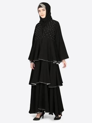 EID Black Nazneen Handwork Ruffled and Bell Layered Ramadan Party Abaya 3