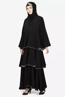 EID Black Nazneen Handwork Ruffled and Bell Layered Ramadan Party Abaya