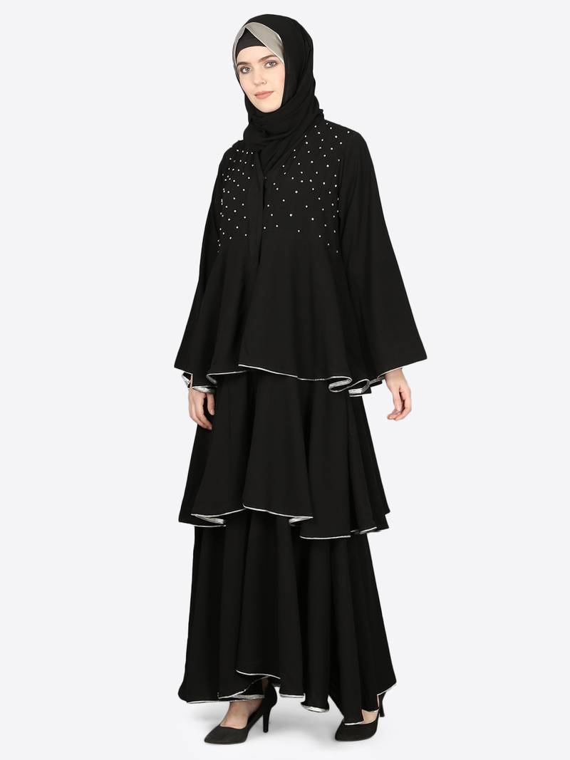 EID Black Nazneen Handwork Ruffled and Bell Layered Ramadan Party Abaya