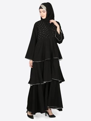 EID Black Nazneen Handwork Ruffled and Bell Layered Ramadan Party Abaya 4