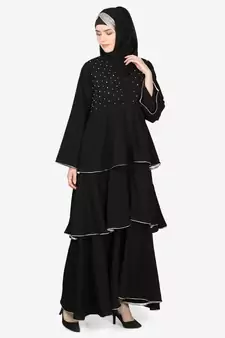 EID Black Nazneen Handwork Ruffled and Bell Layered Ramadan Party Abaya