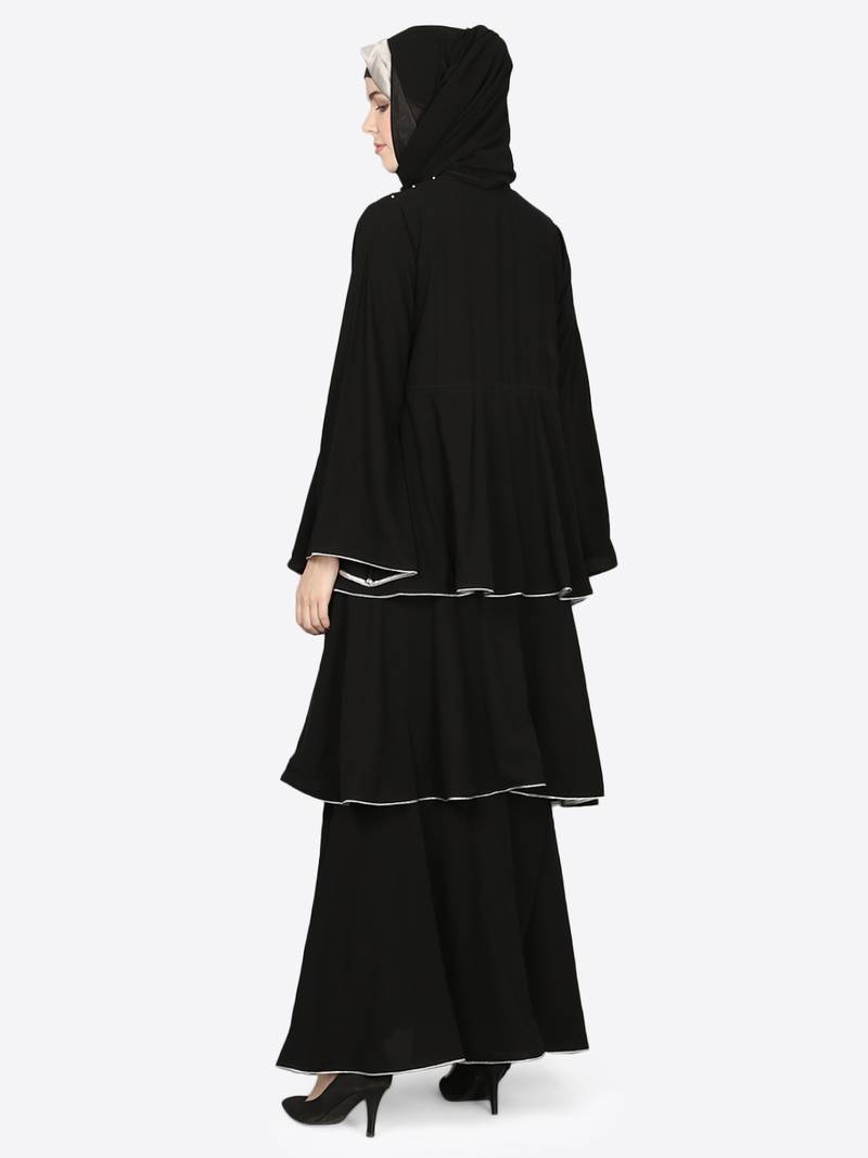 EID Black Nazneen Handwork Ruffled and Bell Layered Ramadan Party Abaya