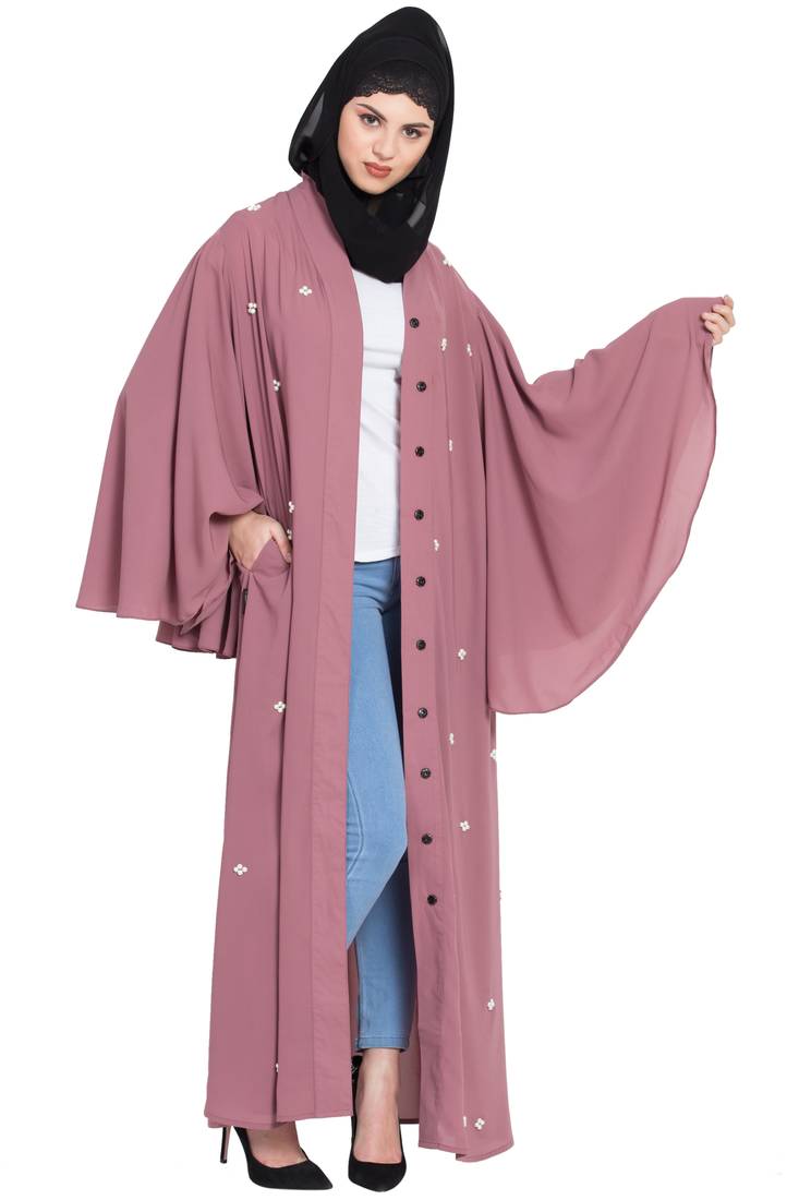 Nazneen Butterfly Sleeve Front Open Pearls Dubai Kaftan