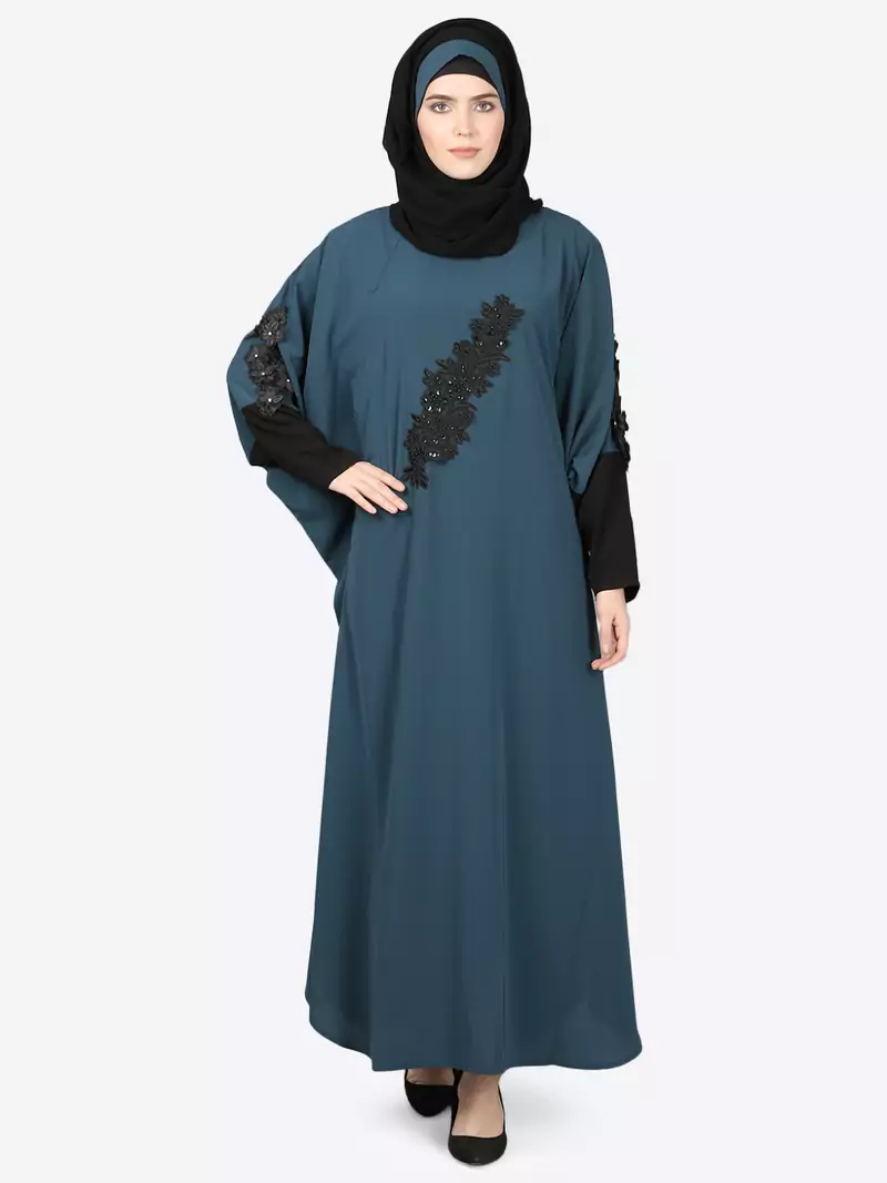 Nazneen Patch Contrst Cuff Teal Kaftan