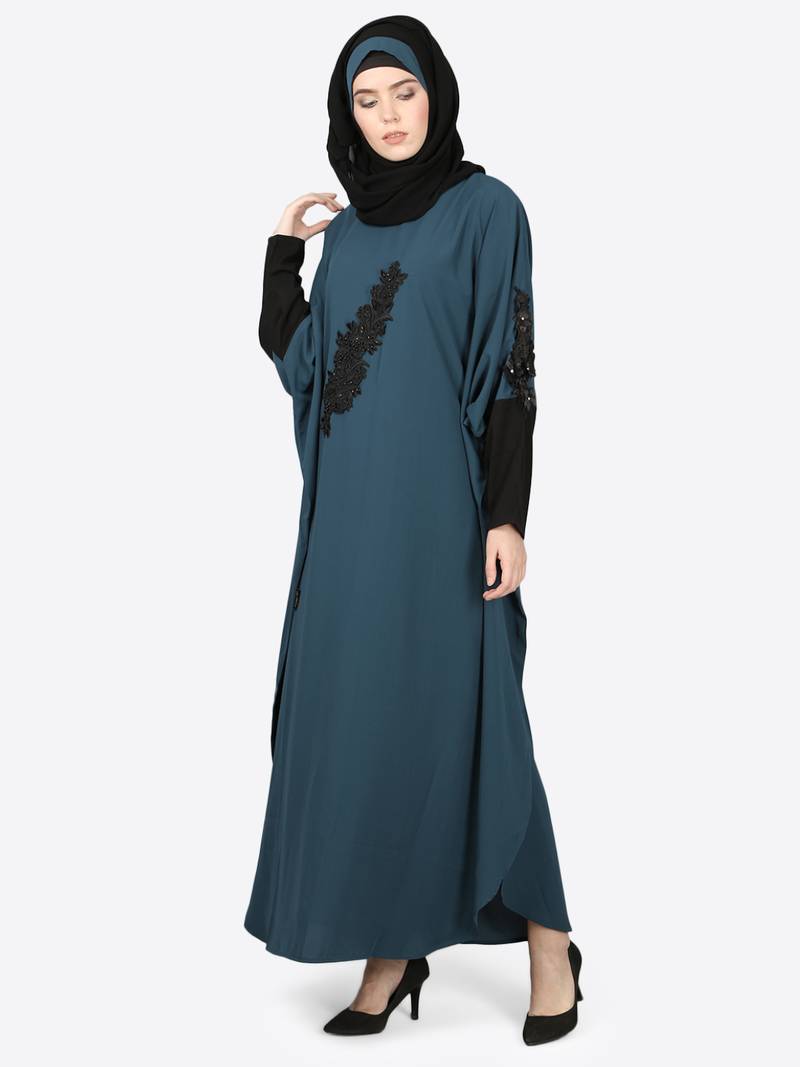Nazneen Patch Contrst Cuff Teal Kaftan