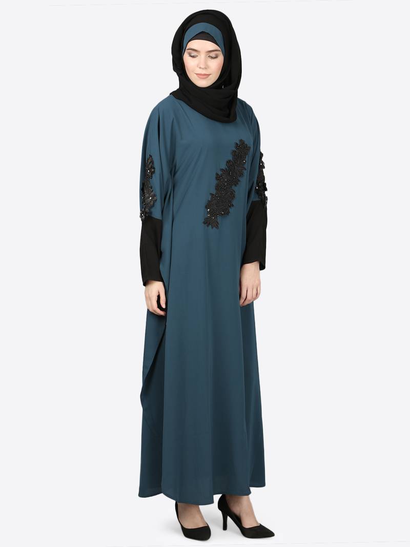 Nazneen Patch Contrst Cuff Teal Kaftan