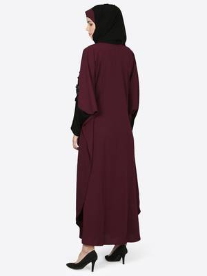 Nazneen Patch Contrast Cuff Wine Kaftan Abaya 4