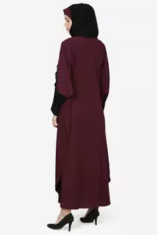 Nazneen Patch Contrast Cuff Wine Kaftan Abaya